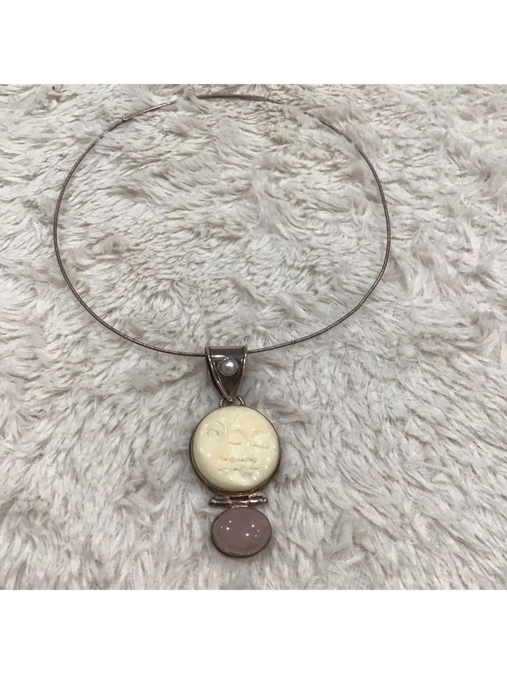 Vintage Sterling Silver Moon Face and Rose Quartz Necklace